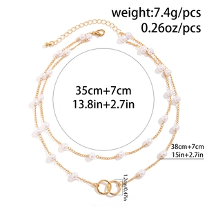 Close-up of double layer gold necklace showing chain lengths and 1.2cm pearl pendant detail