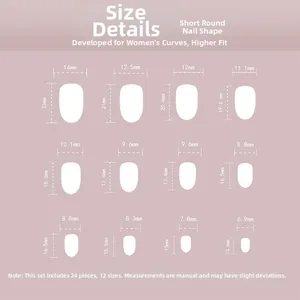 Size chart for short round press-on nails with 12 measurements for a perfect fit set