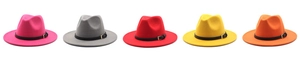 Flat lay of colorful wool fedora hats with black decorative bands and gold buckles
