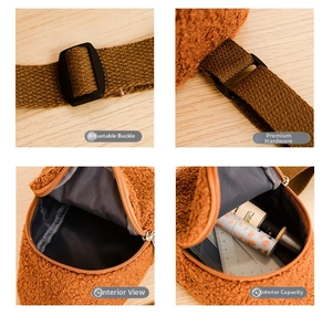 Detailed views of plush teddy fabric kid's bag featuring adjustable buckle and inner lining