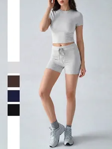 Ensemble de Sport Yoga Femme Haut Et Bas en Viscose Élasthanne T-Shirt Manches Courtes Couleur Unie Et Short à Cordon