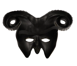 Back view of a 3D devil mask with large curved ram horns and elastic strap for cosplay