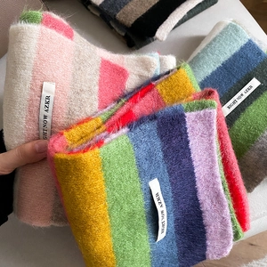 Rainbow striped mohair scarf for women with soft texture and color-block knitting patterns