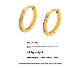 Detail view of gold titanium steel hoop earrings with zircon, size 1.3x1.4cm and 1.4g weight