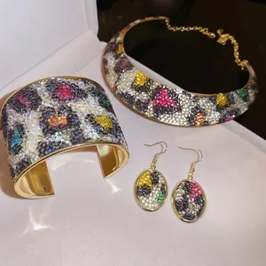 Luxury Leopard Print Jewelry Multicolor Rhinestone Gold Alloy Choker Necklace Wide Cuff Bracelet Oval Earrings Women