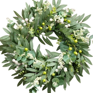 Lush artificial olive leaf wreath with white berries for front door and home wall decor