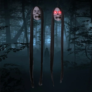 Scary Halloween skull decorations with black hair in dark forest, two piece spooky set