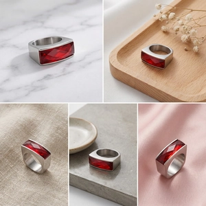 Macro details of square red gemstone on brushed stainless steel ring across five backgrounds
