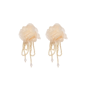 Elegant chiffon flower earrings with silver needles and crystal tassel drops on white