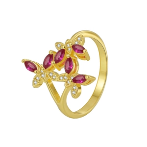 Elegant gold butterfly ring for women with red marquise stones and zircon accents