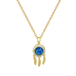 Golden dreamcatcher necklace with blue gemstone and feathers on white background