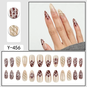 3D golden leopard print long almond press-on nail set with 24 pieces in model Y-456