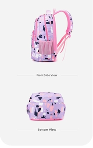 Detailed side and bottom views of purple school backpack with breathable pink mesh straps
