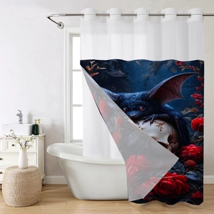 Detail of gothic shower curtain featuring black bat and red roses on hooks