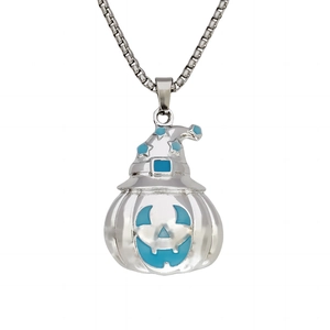 Luminous Halloween pumpkin pendant necklace with wizard hat and blue enamel accents