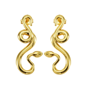Detailed view of snake shaped earrings in polished 18K gold plated stainless steel