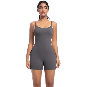 Close-up of grey yoga bodysuit featuring thin straps and high-elasticity fabric