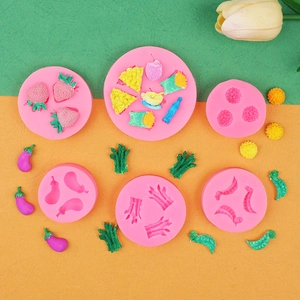 Moldes detallados de silicona para fondant con formas de verduras y comida rápida