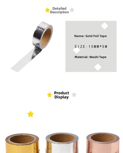 Close-up of metallic foil washi tape rolls in gold, silver, and rose gold finishes
