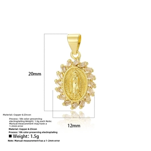 Detail of 18k gold plated Virgin Mary oval pendant with baguette zircon inlay