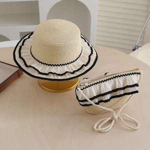 Girls Straw Hat And Matching Crossbody Bag Lace Ruffle Edge Flat Top Sun Protection Beach Summer Accessory