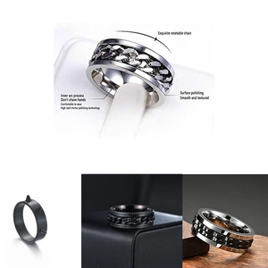 Punk titanium steel spinning ring set with polished rotatable chain for stress relief
