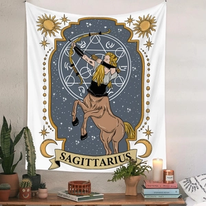 Artistic detail of Sagittarius tapestry with celestial symbols and zodiac archer design