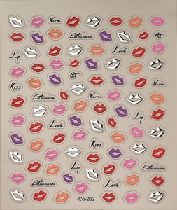 Detail view of sexy lip nail art stickers with Kiss Love letters and model Co-262