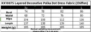Detailed size chart for the backless polka dot chiffon maxi dress with ruffle trim