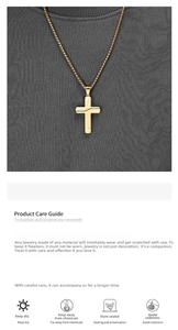 Detail shot of golden earth-cracked cross necklace with mini diamond and care guide