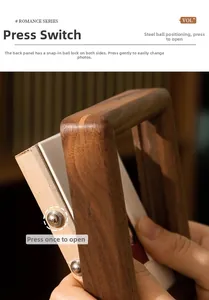 Close-up of walnut wood picture frame with a ball-bearing magnetic quick-release design