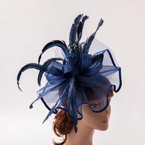 Vintage navy blue mesh fascinator hat with feathers on headband for weddings