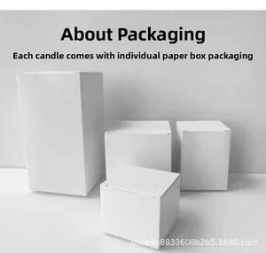 Detail view of minimalist white cardboard gift boxes for scented candle packaging