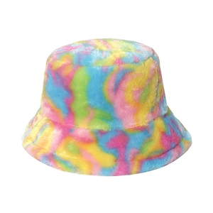 Plush rainbow tie-dye fisherman hat for women in soft faux fur for autumn winter warmth