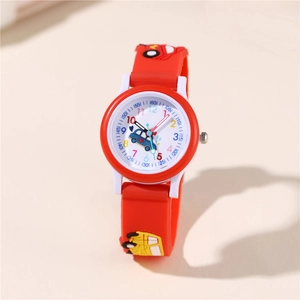 Kids quartz watch featuring red silicone strap with 3D toy car patterns and white dial