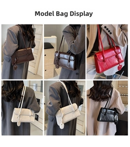 Collage of high-capacity shoulder bags in deep brown, red, cream, and black colors