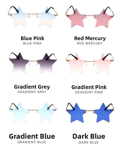 Macro display of star-shaped rimless sunglasses in multiple vibrant gradient lens colors