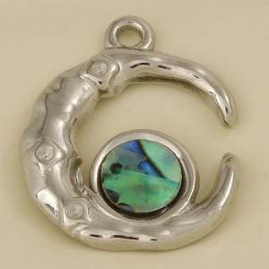 Detail of moon pendant in 304 stainless steel with colorful abalone shell inlay