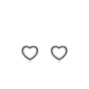 Minimalist S925 sterling silver heart earrings with vintage black textured inlay detail