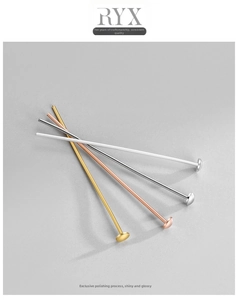 Close-up of S925 sterling silver T-shape flat head pins in gold, rose gold and silver