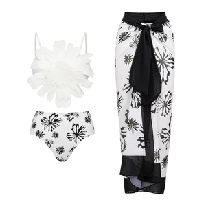 Three-piece bikini set with 3D flower top, floral bottom and matching sarong skirt