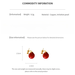 Detailed size specifications for red enamel and pearl earrings showing 2.5cm height