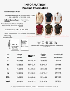 Detailed size chart for men's short sleeve Henley shirt with measurements in cm and inch