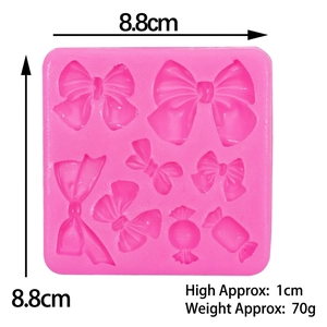 Pink silicone bow and candy fondant mold for cake decorating, 8.8x8.8x1cm square mat