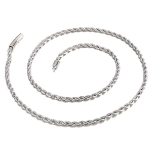Polished stainless steel rope chain necklace with a unique cylindrical clasp on white background