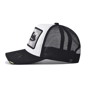 Detail of vintage 3D embroidered trucker hat with breathable mesh and distressed brim
