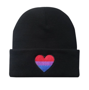 Classic black knitted beanie hat with embroidered heart-shaped bisexual pride flag