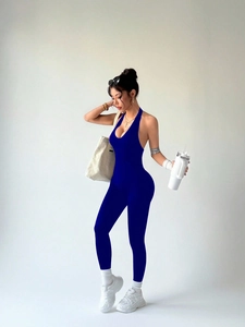 Deep blue halter neck backless yoga jumpsuit with high-elastic quick-dry seamless fabric
