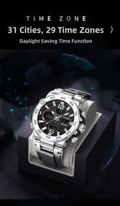 Dual display sports watch in box showing 31 cities world time and 5 BAR water resistance