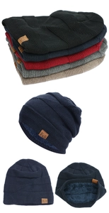 Close-up of winter knit beanie showing the thick knit texture and warm fleece lining detail